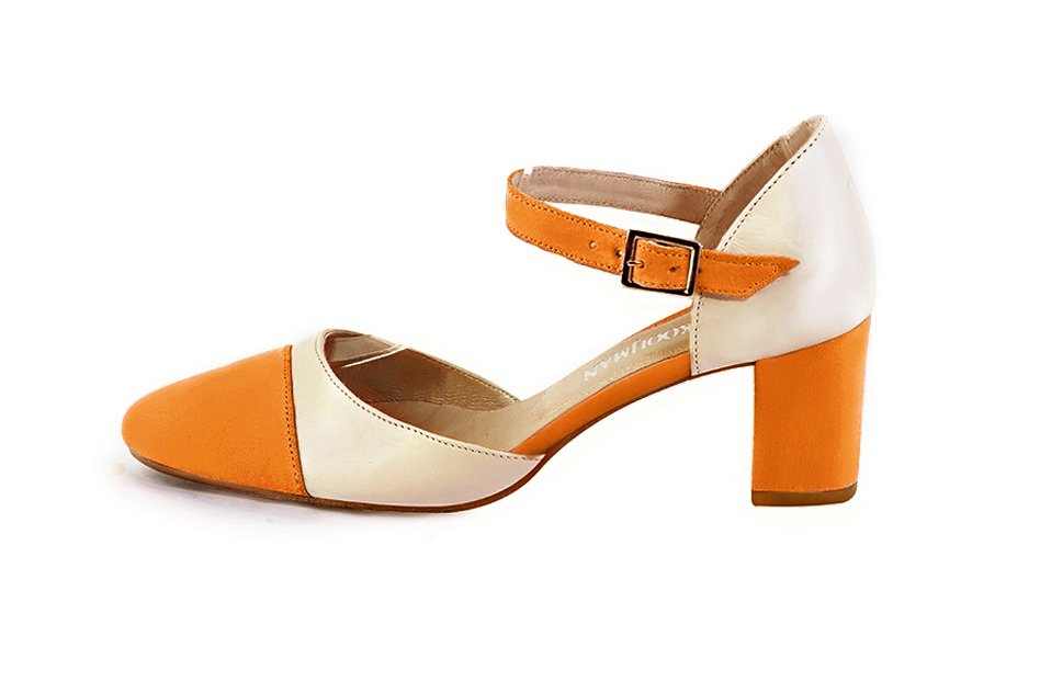 Apricot orange and champagne white open side elegant shoes, with an instep strap. Round toe. Medium block heels. - Florence KOOIJMAN